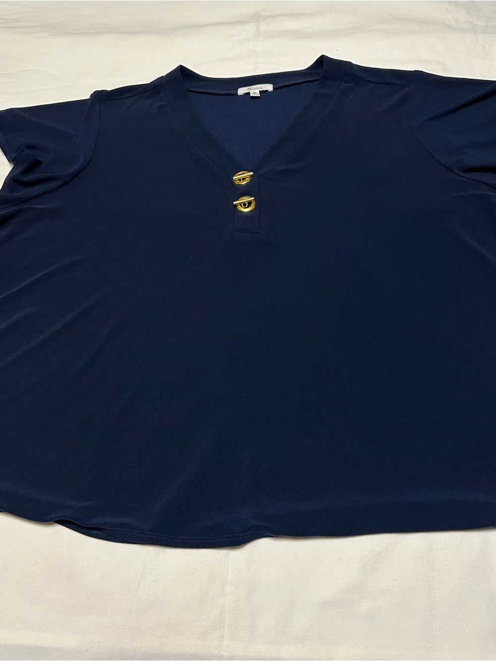 89th & Madison Navy V-Neck Top with Gold Buttons and Cap Sleeves